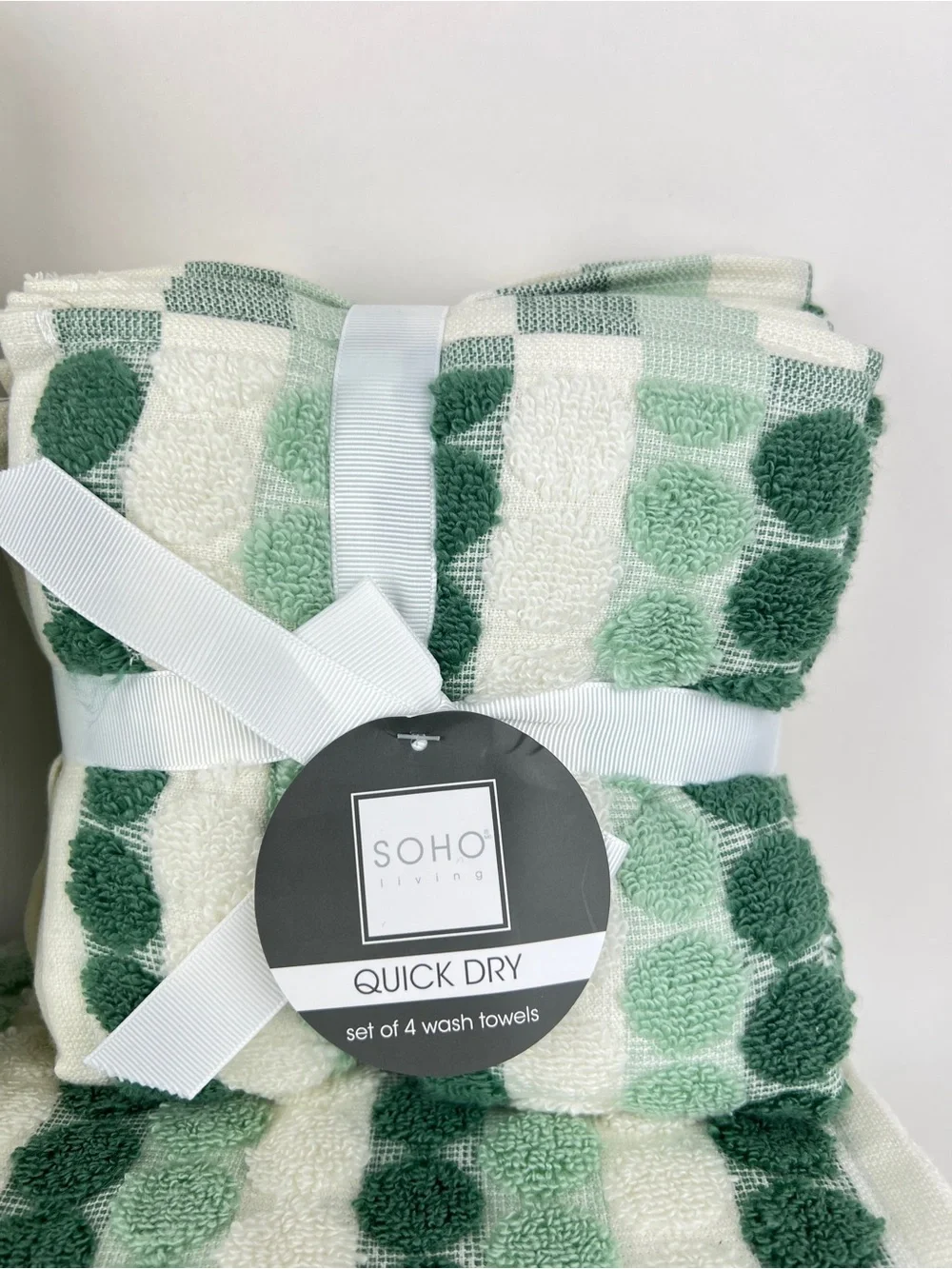 SOHO Living Bath Towel Set Green White Polka Dot & Stripe  Soft Cotton 8 Pc NEW